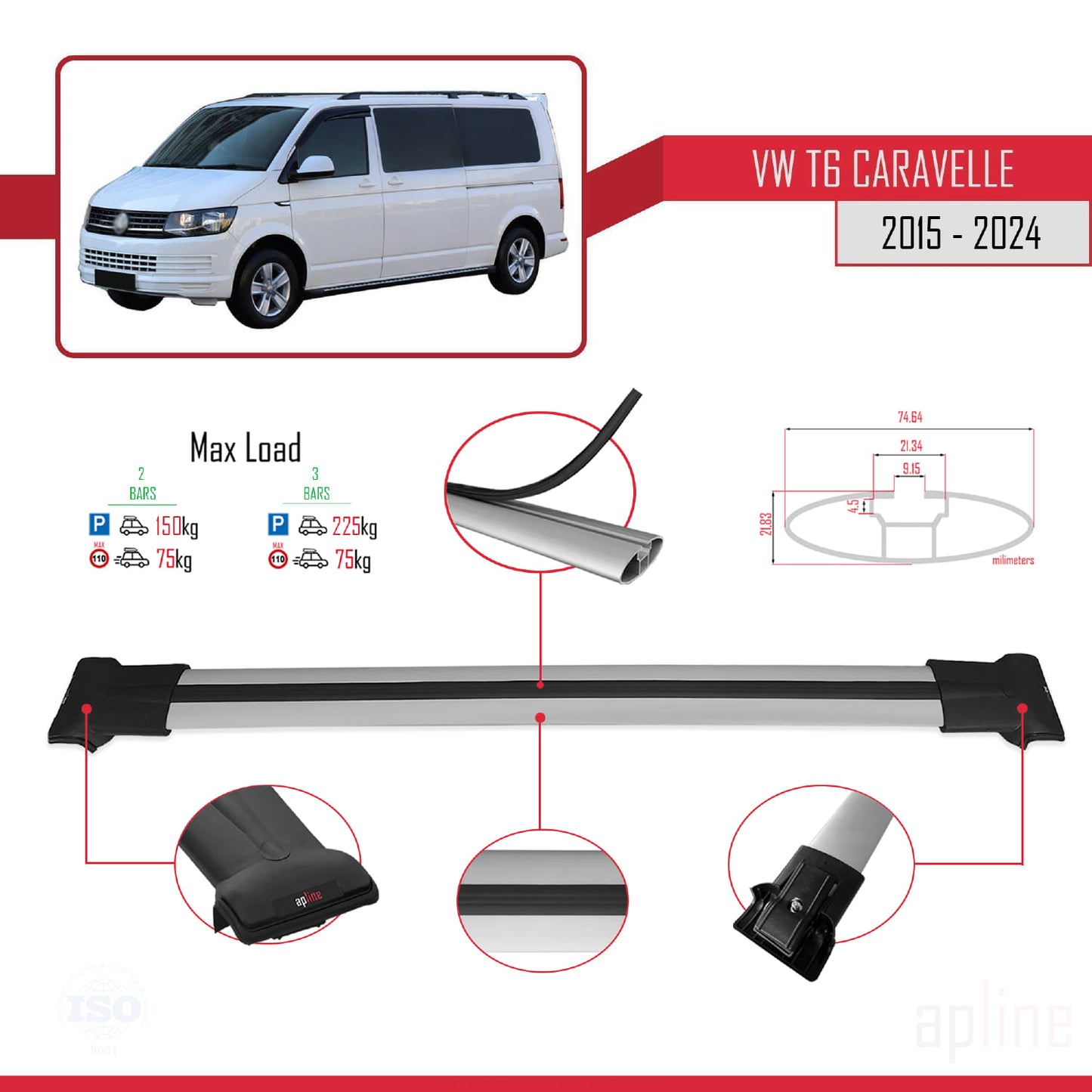 Compatible avec Volkswagen T6 Caravelle 2015-2024 FLY Model Barres de Toit Railing Porte-Bagages de Voiture Gris Aluminium 2 Barres