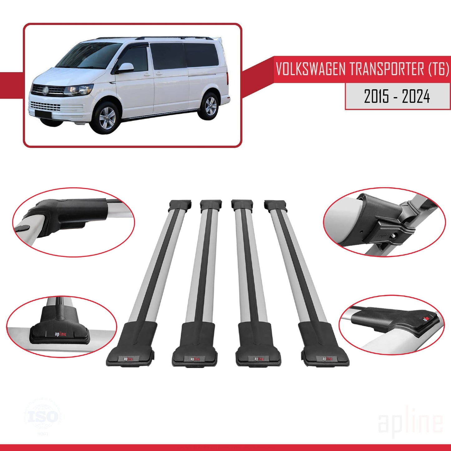 Compatible avec Volkswagen T6 Transporter 2015-2024 FLY Model Barres de Toit Railing Porte-Bagages de Voiture Gris Aluminium 4 Barres