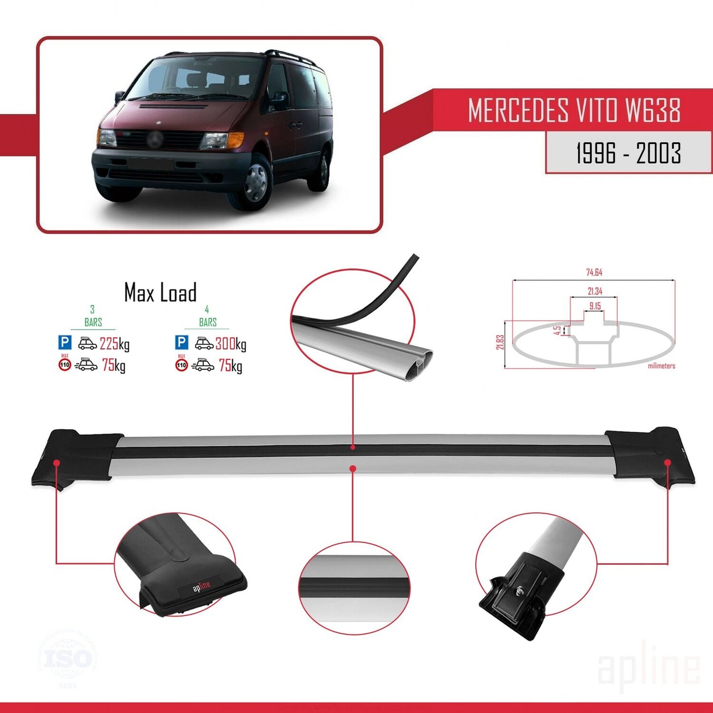 Compatible with Mercedes Vito (W638) 1996-2003 FLY Model Car Roof Rack Cross Bar Grey Aluminium 4 Bars