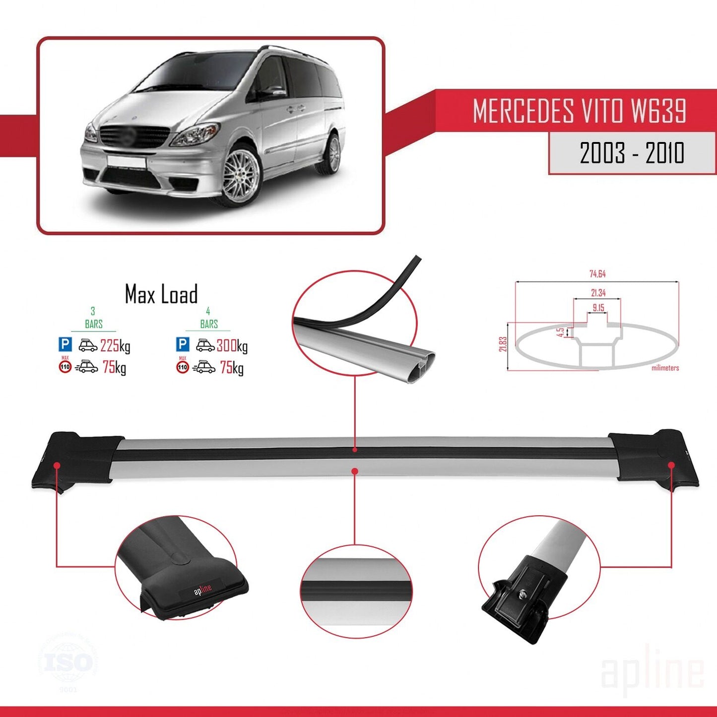 Compatible avec Mercedes Vito 2 (W639) Pre-Facelift 2003-2010 FLY Model Barres de Toit Railing Porte-Bagages de Voiture Gris Aluminium 4 Barres