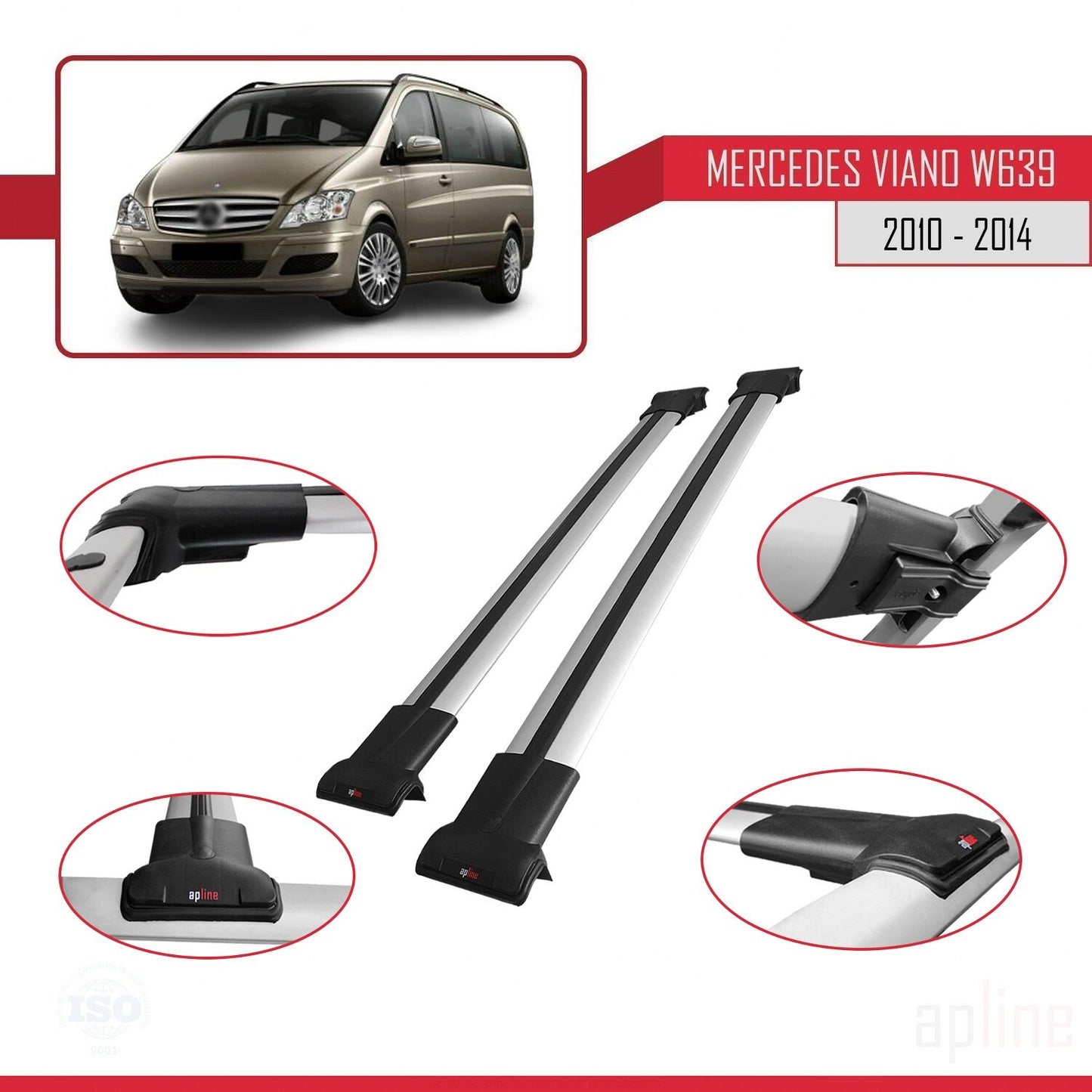 Compatible with Mercedes Viano 2 (W639) Post-Facelift 2010-2014 FLY Model Car Roof Rack Cross Bar Grey Aluminium 2 Bars
