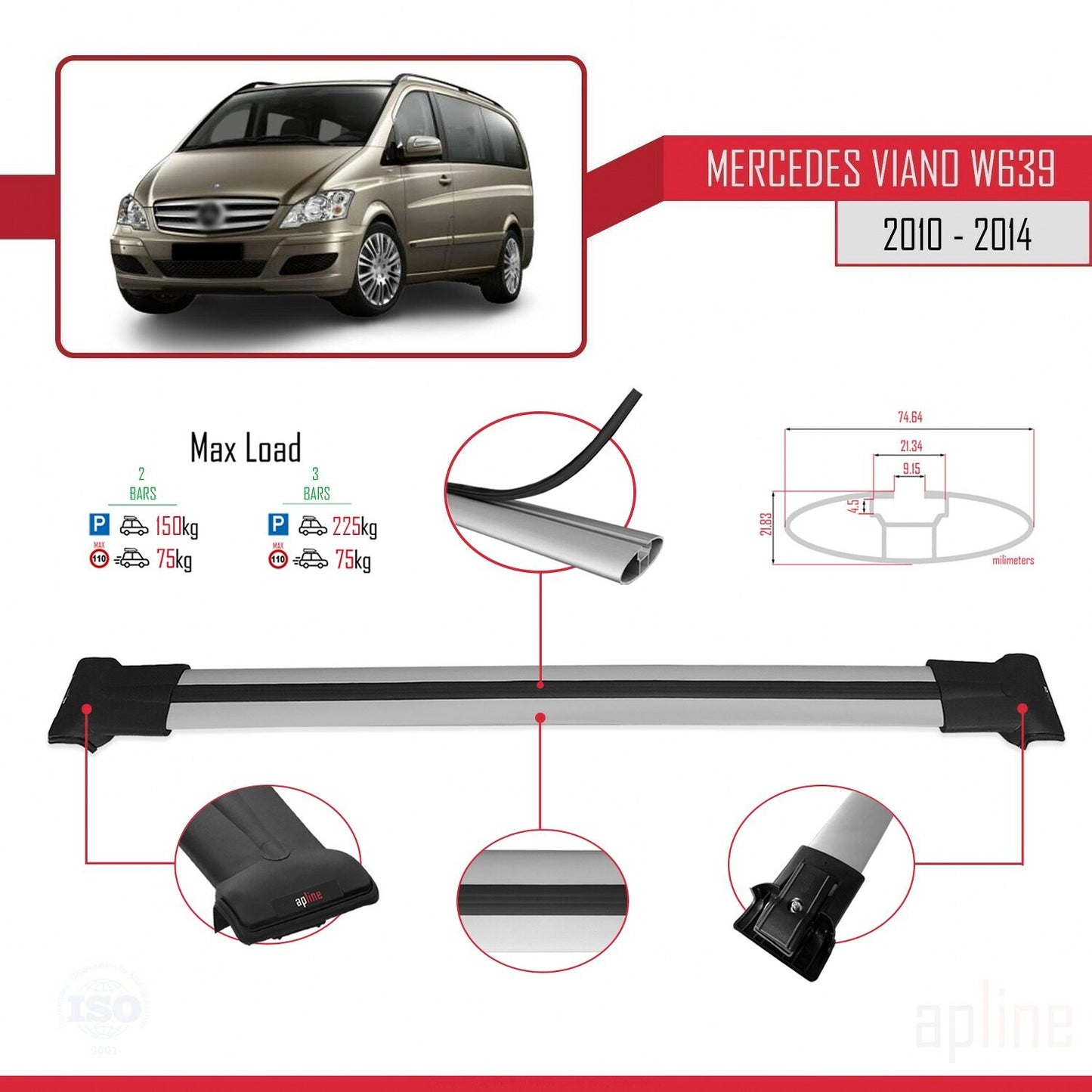 Compatible with Mercedes Viano 2 (W639) Post-Facelift 2010-2014 FLY Model Car Roof Rack Cross Bar Grey Aluminium 2 Bars