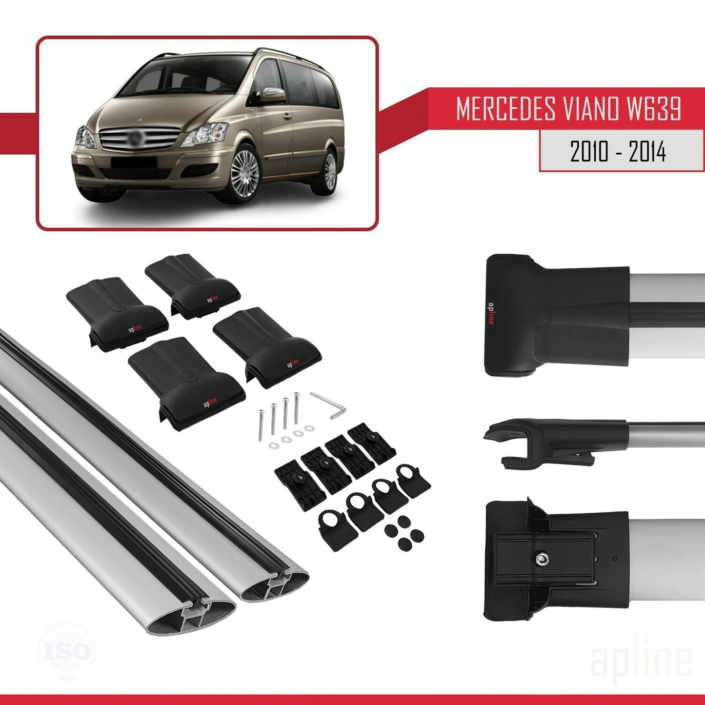Compatible with Mercedes Viano 2 (W639) Post-Facelift 2010-2014 FLY Model Car Roof Rack Cross Bar Grey Aluminium 2 Bars
