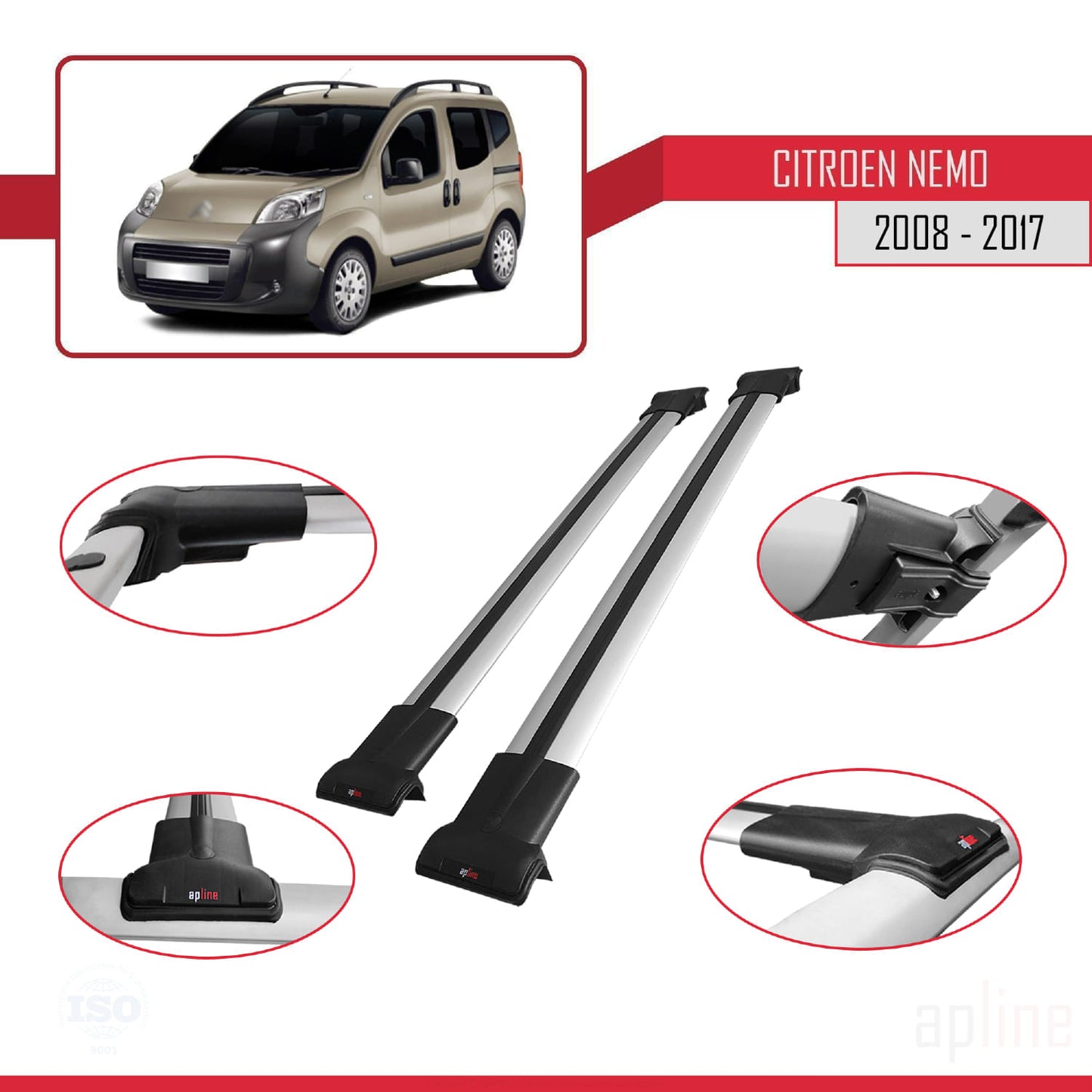 Compatible avec Citroen Nemo 3 (225) 2008-2017 FLY Model Barres de Toit Railing Porte-Bagages de Voiture Gris Aluminium 2 Barres
