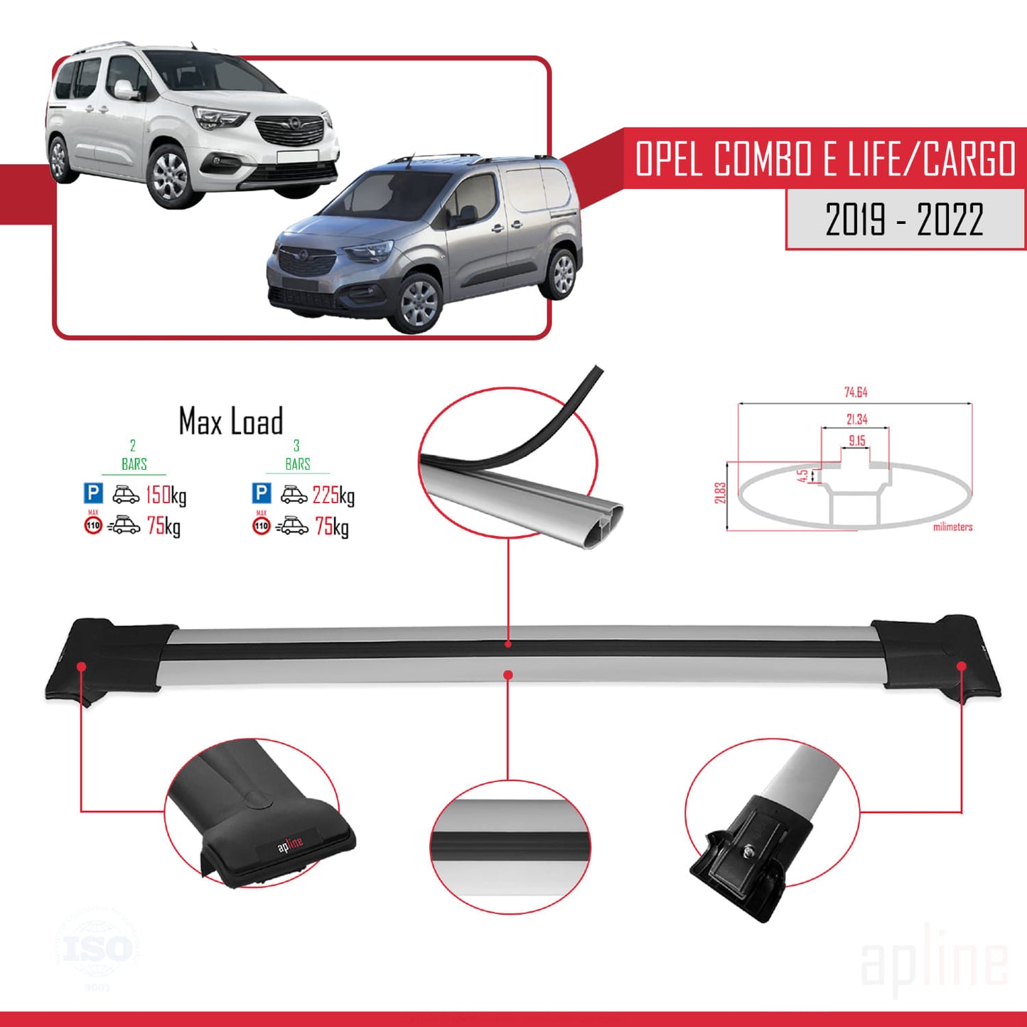 Compatible avec Opel Combo E 2019-2022 FLY Model Barres de Toit Railing Porte-Bagages de Voiture Gris Aluminium 2 Barres