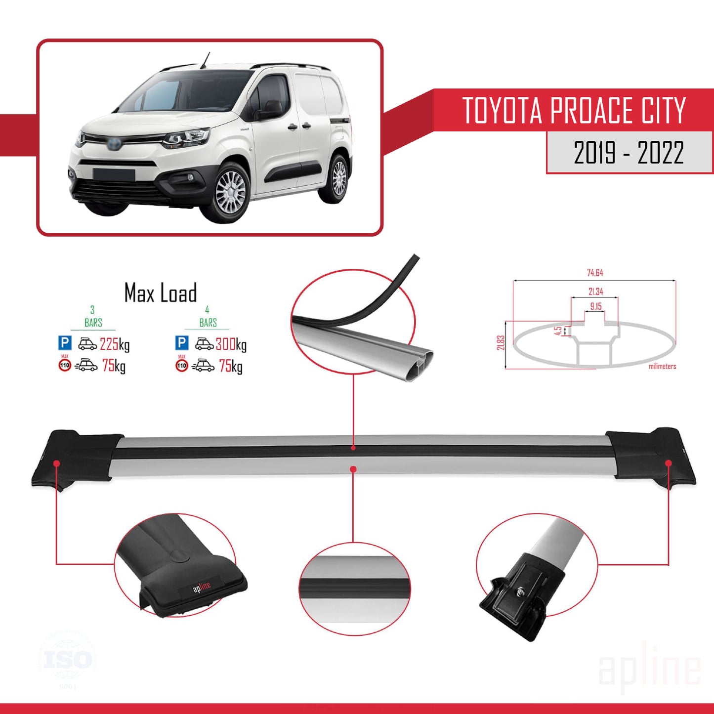Compatible avec Toyota Proace City 2019-2022 FLY Model Barres de Toit Railing Porte-Bagages de Voiture Gris Aluminium 3 Barres