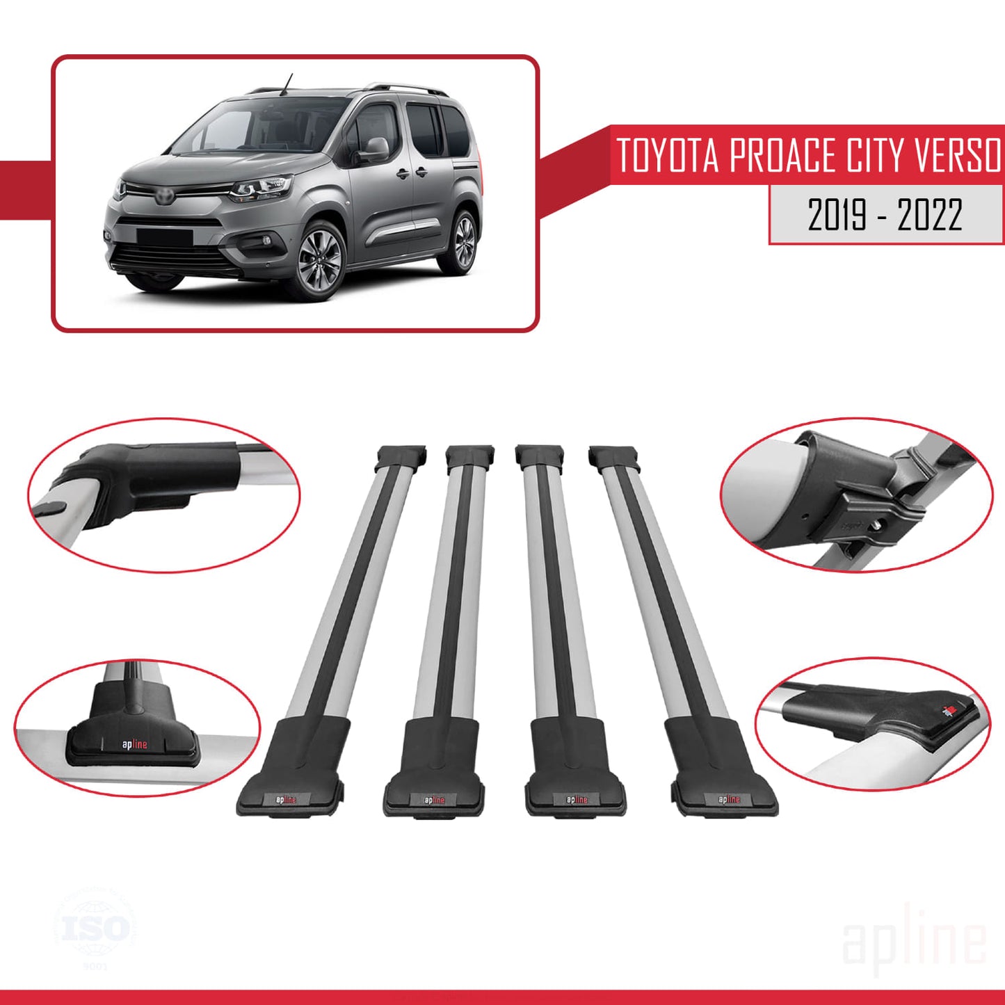 Compatible with Toyota Proace City Verso 2019-2022 FLY Model Car Roof Rack Cross Bar Grey Aluminium 4 Bars