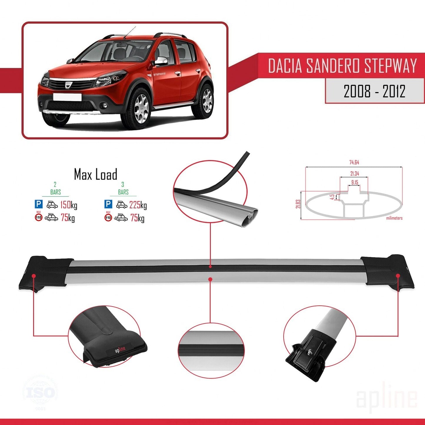 Compatible avec Dacia Sandero Stepway 2008-2012 FLY Model Barres de Toit Railing Porte-Bagages de Voiture Gris Aluminium 2 Barres