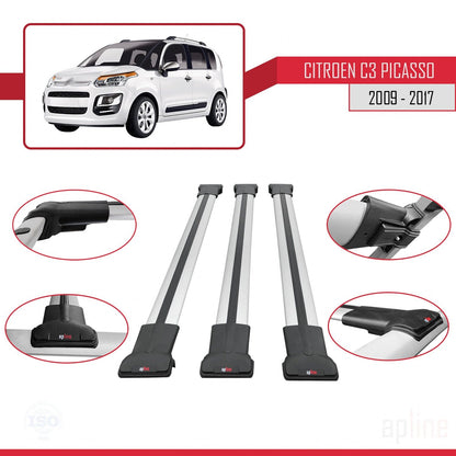 Compatible avec Citroen C3 Picasso 2009-2017 FLY Model Barres de Toit Railing Porte-Bagages de Voiture Gris Aluminium 3 Barres