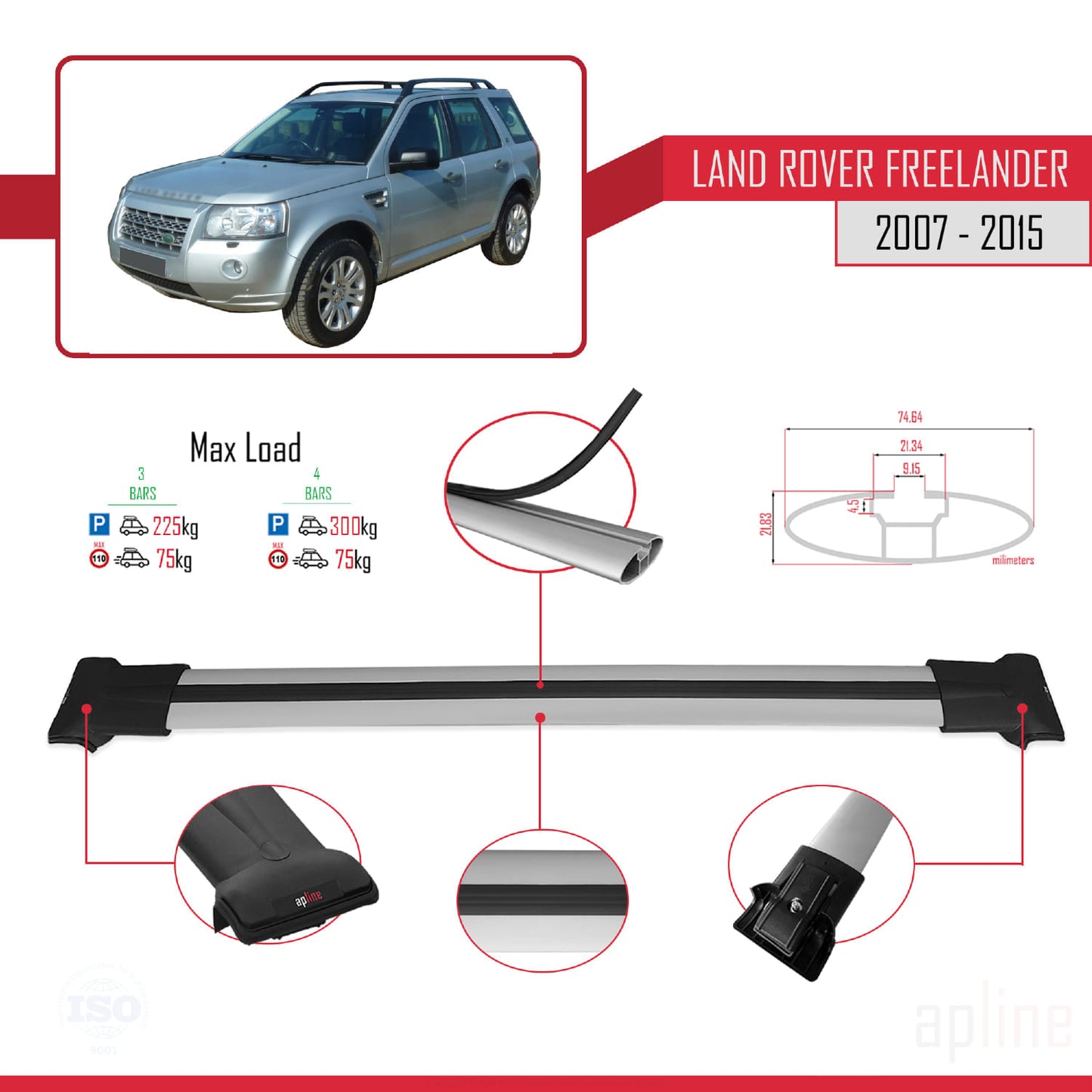 Compatible avec Land Rover Freelander 2 (L359) 2007-2015 FLY Model Barres de Toit Railing Porte-Bagages de Voiture Gris Aluminium 3 Barres