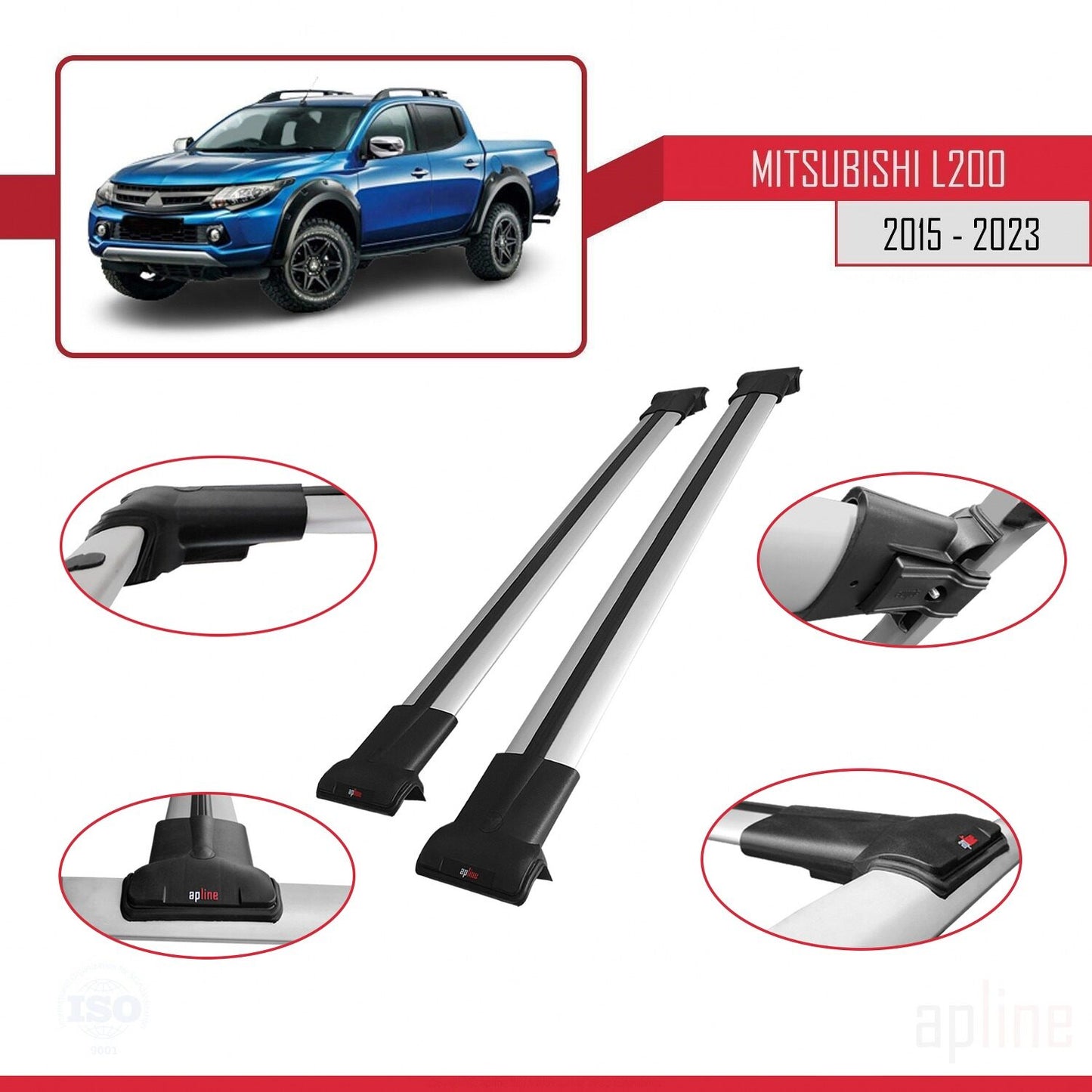 Compatible avec Mitsubishi L200 V 2015-2023 FLY Model Barres de Toit Railing Porte-Bagages de Voiture Gris Aluminium 2 Barres