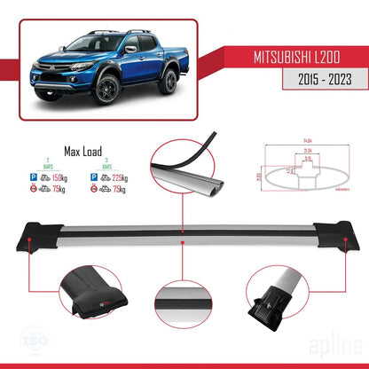 Compatible avec Mitsubishi L200 V 2015-2023 FLY Model Barres de Toit Railing Porte-Bagages de Voiture Gris Aluminium 2 Barres
