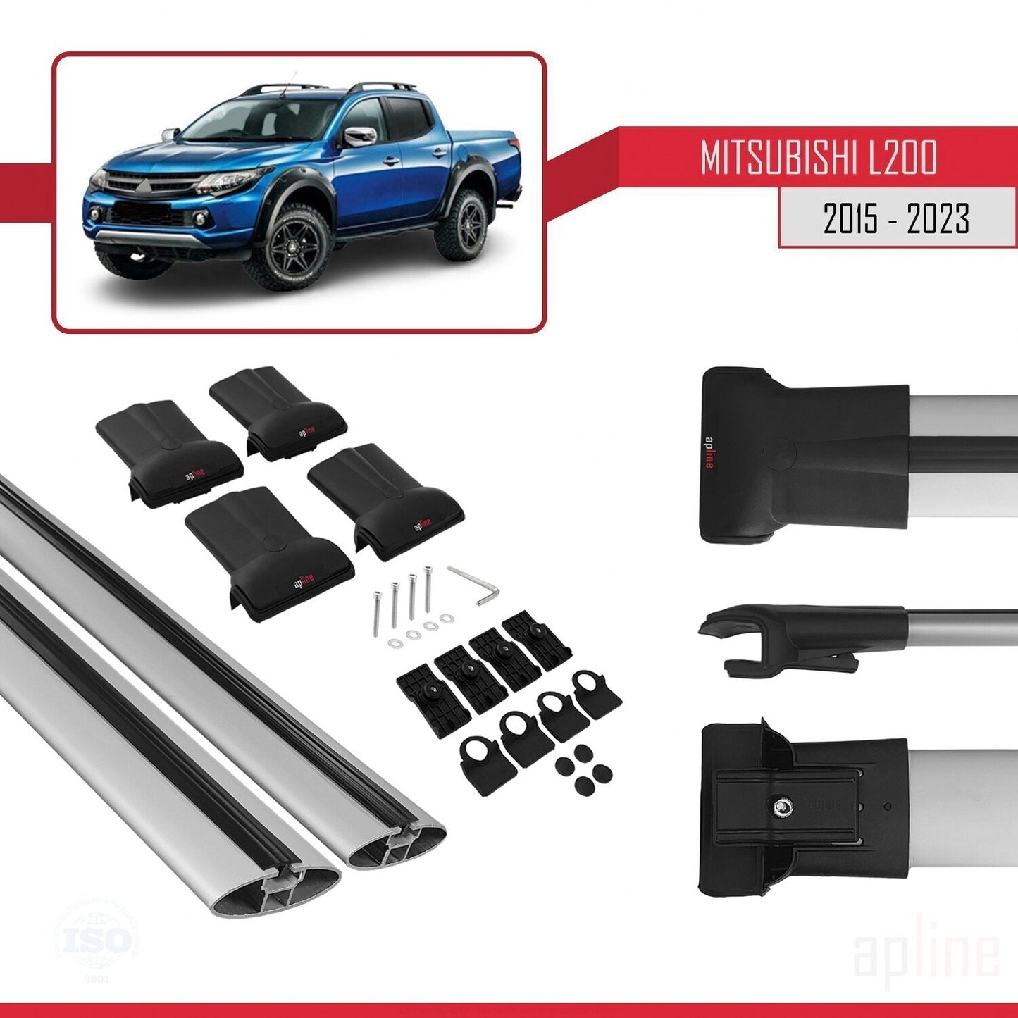 Compatible avec Mitsubishi L200 V 2015-2023 FLY Model Barres de Toit Railing Porte-Bagages de Voiture Gris Aluminium 2 Barres