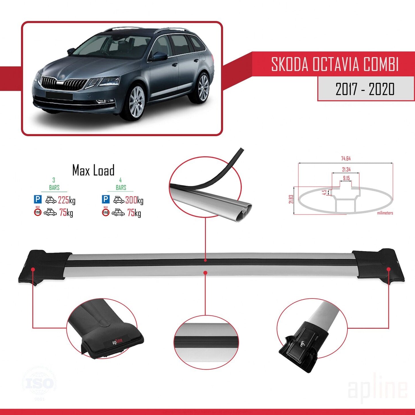 Compatible avec Skoda Octavia 3 (5E) Break Post-Facelift 2017-2020 FLY Model Barres de Toit Railing Porte-Bagages de Voiture Gris Aluminium 3 Barres