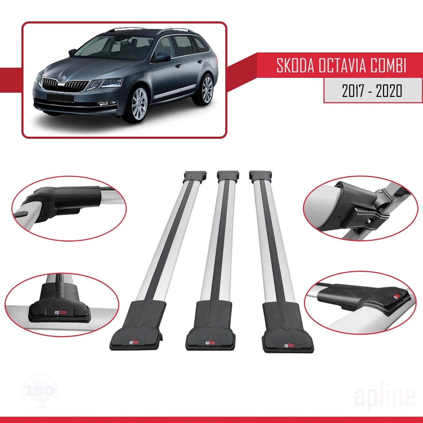 Compatible avec Skoda Octavia 3 (5E) Break Post-Facelift 2017-2020 FLY Model Barres de Toit Railing Porte-Bagages de Voiture Gris Aluminium 3 Barres