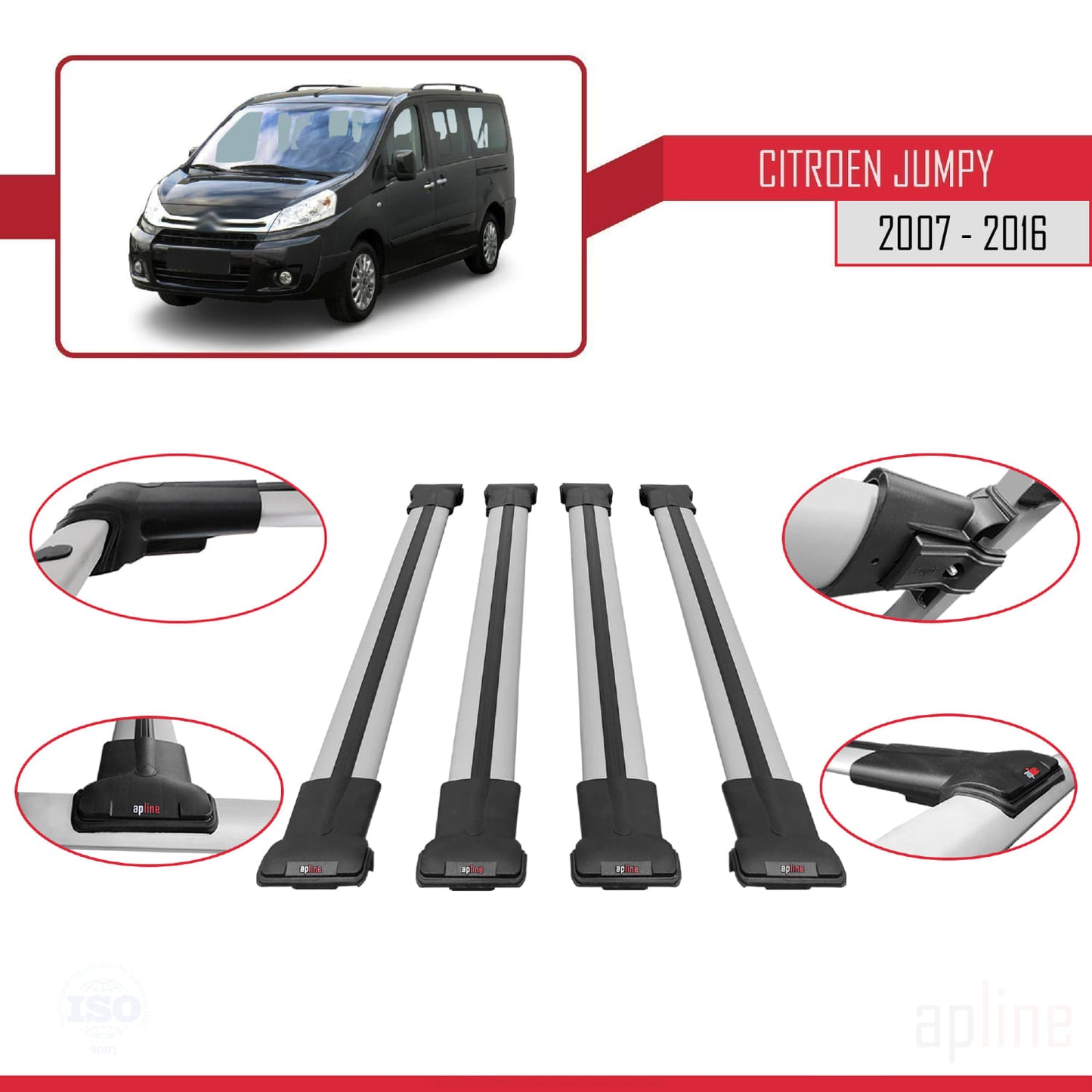 Compatible avec Citroen Jumpy 2 (G9) 2007-2016 FLY Model Barres de Toit Railing Porte-Bagages de Voiture Gris Aluminium 4 Barres
