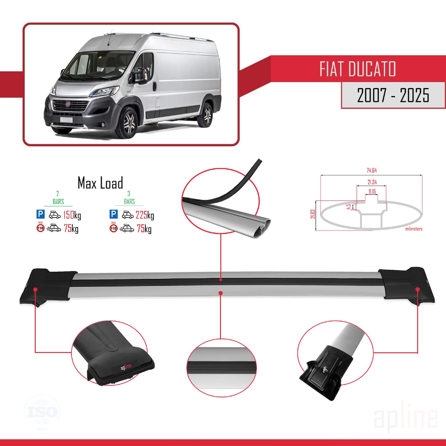 Compatible avec Fiat Ducato 3 2007-2025 FLY Model Barres de Toit Railing Porte-Bagages de Voiture Gris Aluminium 2 Barres