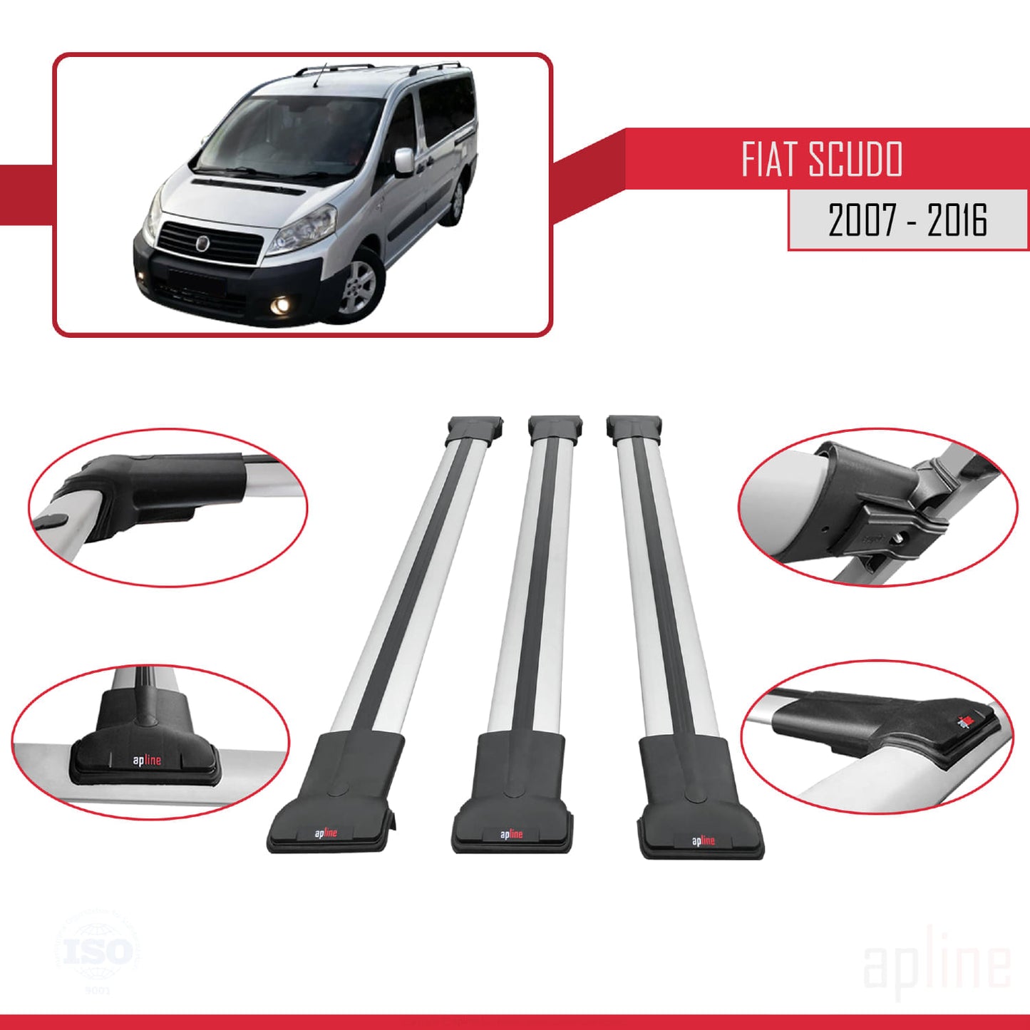 Compatible avec Fiat Scudo 2 2007-2016 FLY Model Barres de Toit Railing Porte-Bagages de Voiture Gris Aluminium 3 Barres