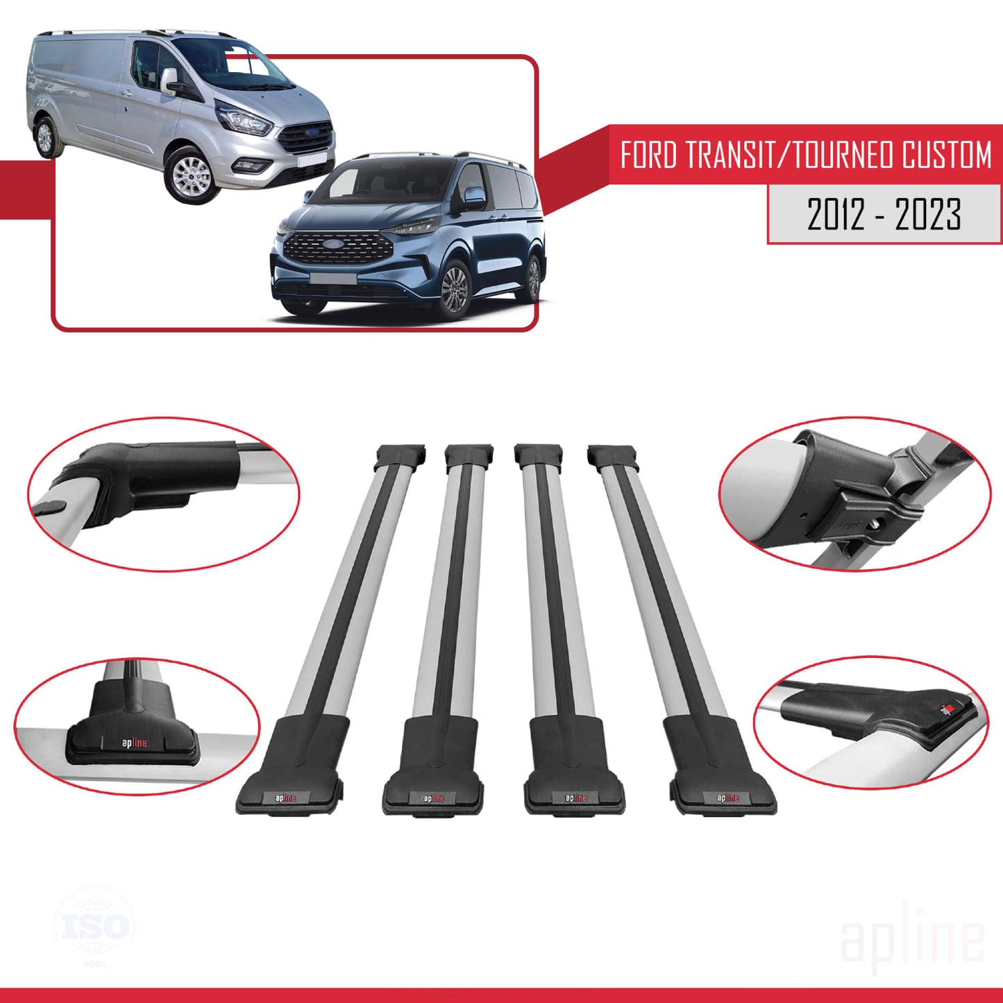 Compatible avec Ford Transit/Tourneo Custom 2012-2023 FLY Model Barres de Toit Railing Porte-Bagages de Voiture Gris Aluminium 4 Barres