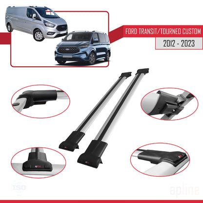 Compatible avec Ford Transit/Tourneo Custom 2012-2023 FLY Model Barres de Toit Railing Porte-Bagages de Voiture Gris Aluminium 2 Barres