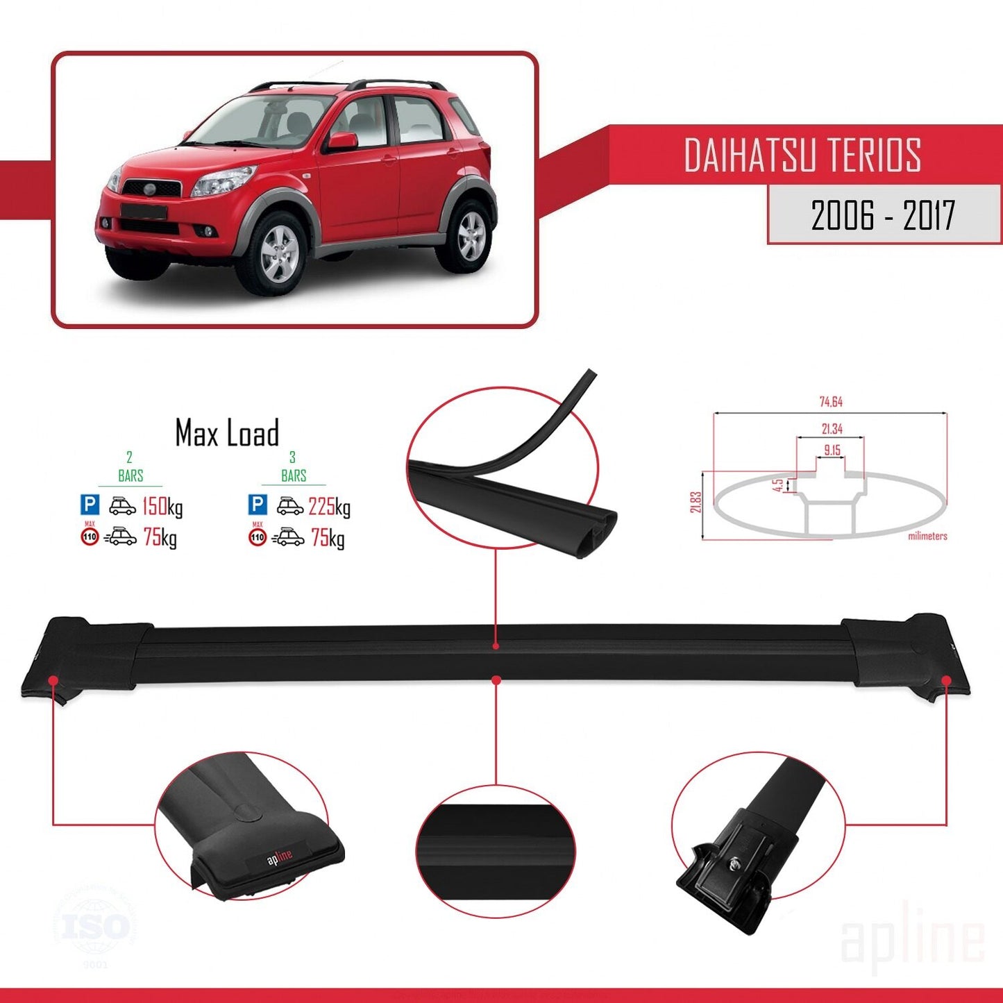 Compatible avec Daihatsu Terios 2 (J200) 2006-2017 FLY Model Barres de Toit Railing Porte-Bagages de Voiture Noir Aluminium 2 Barres