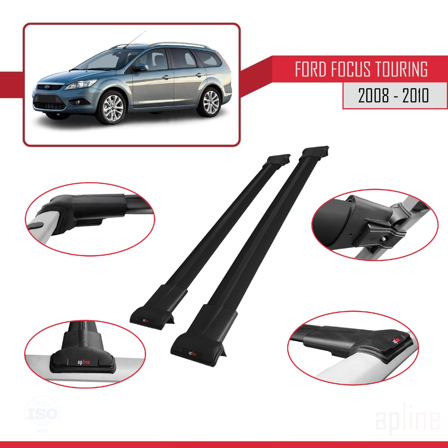 Compatible avec Ford Focus 2 (C307) Turnier 2008-2010 FLY Model Barres de Toit Railing Porte-Bagages de Voiture Noir Aluminium 2 Barres