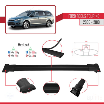 Compatible avec Ford Focus 2 (C307) Turnier 2008-2010 FLY Model Barres de Toit Railing Porte-Bagages de Voiture Noir Aluminium 2 Barres