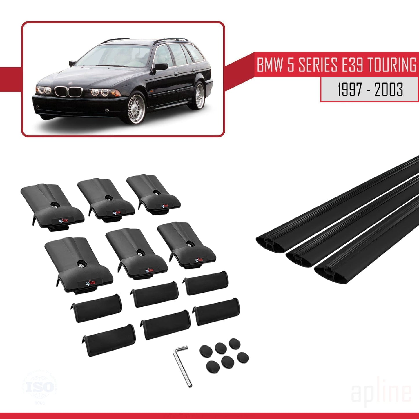 Compatible avec BMW Série 5 (E39) Touring 1997-2003 FLY Model Barres de Toit Railing Porte-Bagages de Voiture Noir Aluminium 3 Barres