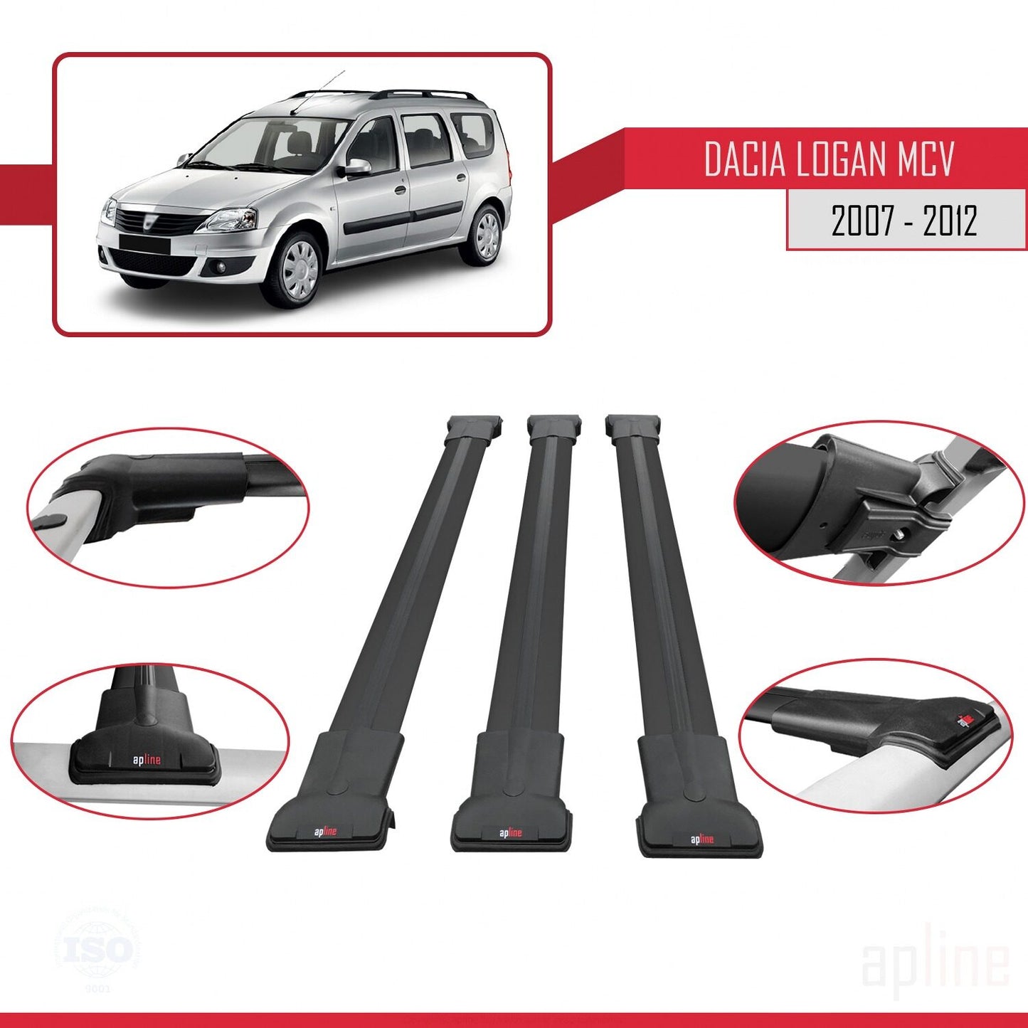 Compatible avec Dacia Logan 2 MCV (K52) 2007-2012 FLY Model Barres de Toit Railing Porte-Bagages de Voiture Noir Aluminium 3 Barres