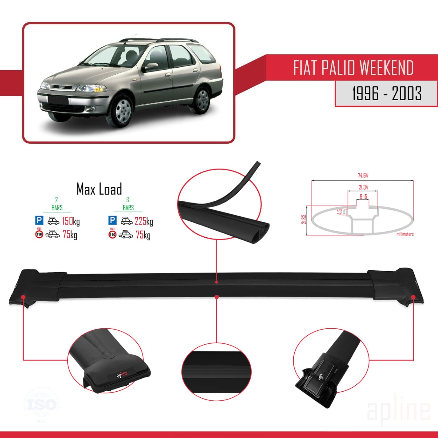 Compatible avec Fiat Palio (178) Weekend 1996-2003 FLY Model Barres de Toit Railing Porte-Bagages de Voiture Noir Aluminium 2 Barres