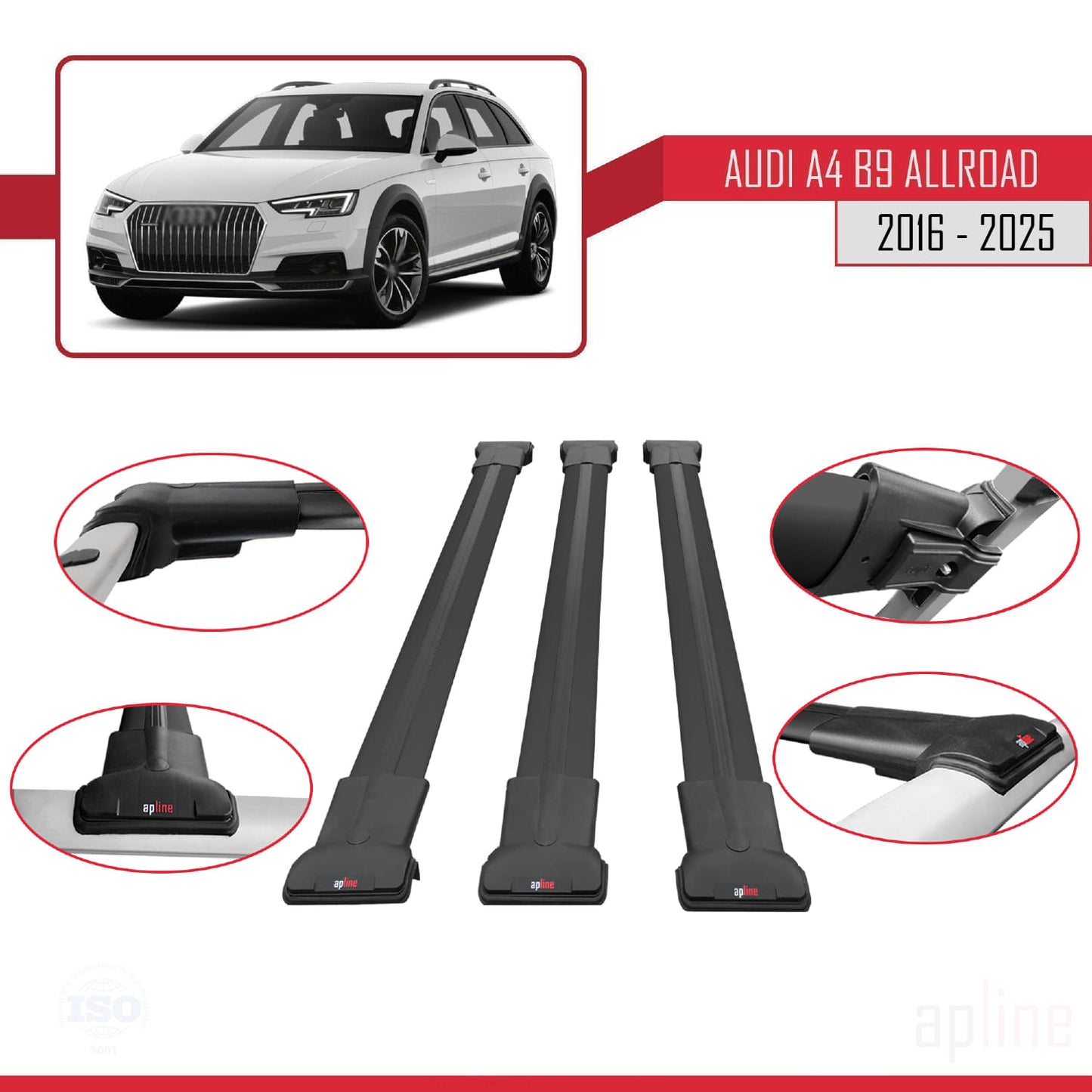 Compatible avec A4 (B9) Allroad 2016-2025 FLY Model Barres de Toit Railing Porte-Bagages de Voiture Noir Aluminium 3 Barres