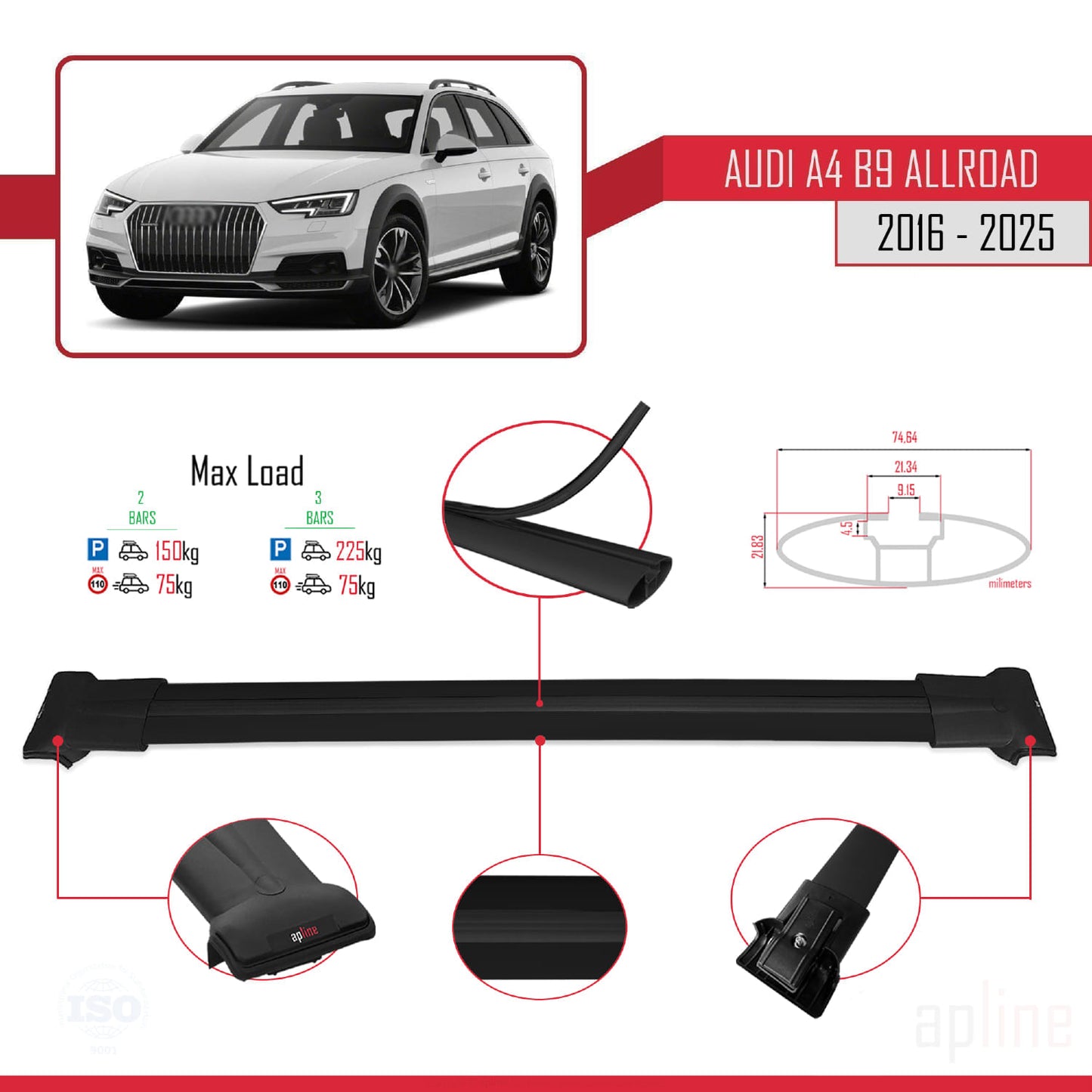 Compatible avec A4 (B9) Allroad 2016-2025 FLY Model Barres de Toit Railing Porte-Bagages de Voiture Noir Aluminium 2 Barres