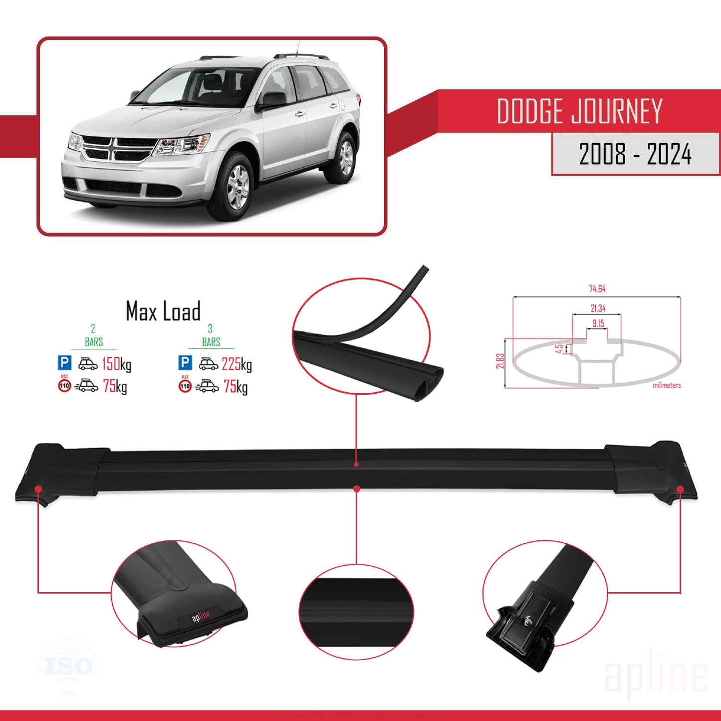 Compatible avec Dodge Journey 2008-2024 FLY Model Barres de Toit Railing Porte-Bagages de Voiture Noir Aluminium 2 Barres
