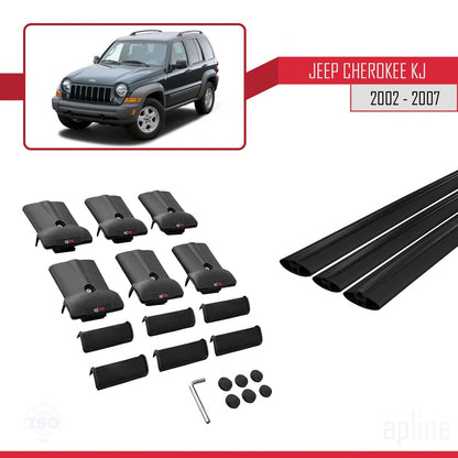 Compatible avec Jeep Cherokee 3 (KJ) 2002-2007 FLY Model Barres de Toit Railing Porte-Bagages de Voiture Noir Aluminium 3 Barres