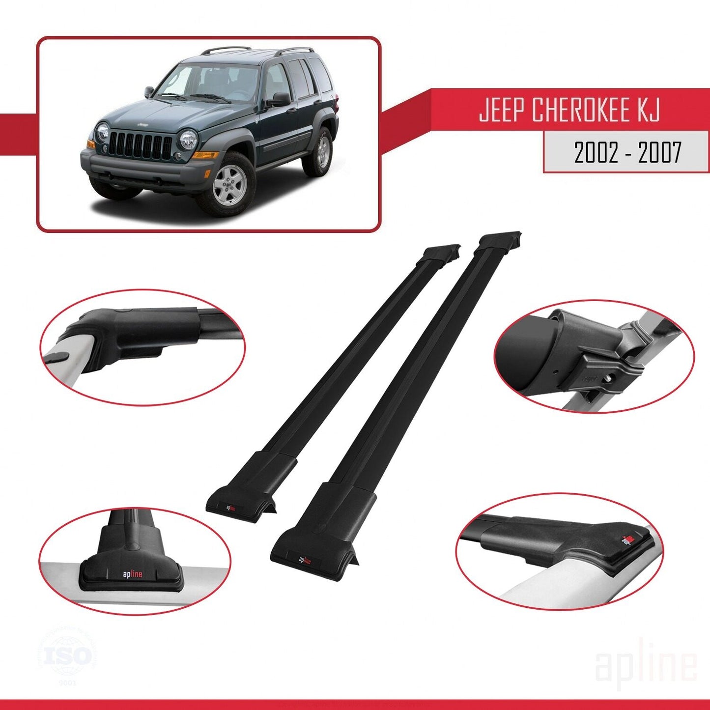 Compatible avec Jeep Cherokee 3 (KJ) 2002-2007 FLY Model Barres de Toit Railing Porte-Bagages de Voiture Noir Aluminium 2 Barres