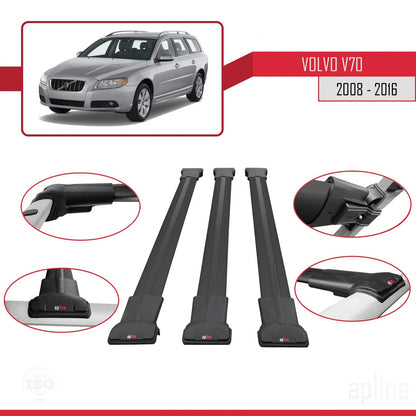 Compatible avec Volvo V70 III 2008-2016 FLY Model Barres de Toit Railing Porte-Bagages de Voiture Noir Aluminium 3 Barres