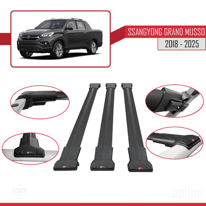 Compatible avec Ssangyong Grand Musso 2018-2025 FLY Model Barres de Toit Railing Porte-Bagages de Voiture Noir Aluminium 3 Barres