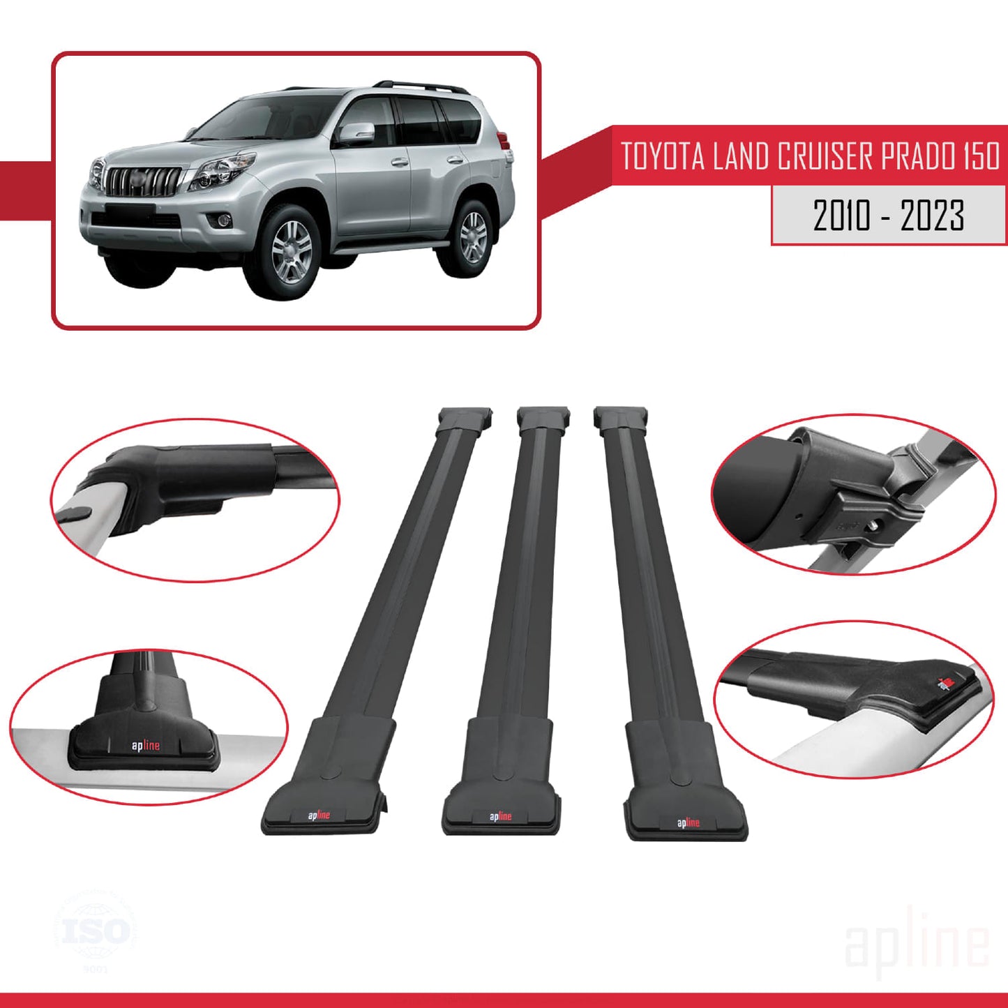 Compatible avec Toyota Land Cruiser Prado (J150) 2010-2023 FLY Model Barres de Toit Railing Porte-Bagages de Voiture Noir Aluminium 3 Barres