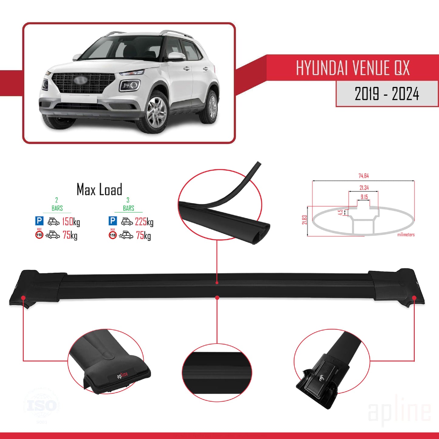 Compatible avec Hyundai Venue (QX) 2019-2024 FLY Model Barres de Toit Railing Porte-Bagages de Voiture Noir Aluminium 2 Barres