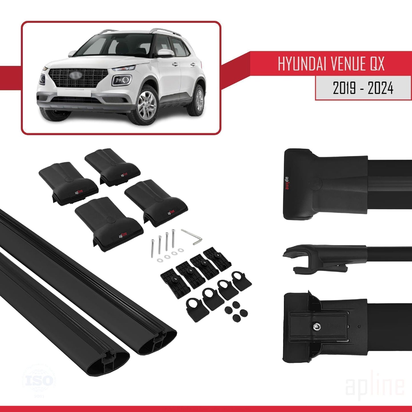 Compatible avec Hyundai Venue (QX) 2019-2024 FLY Model Barres de Toit Railing Porte-Bagages de Voiture Noir Aluminium 2 Barres
