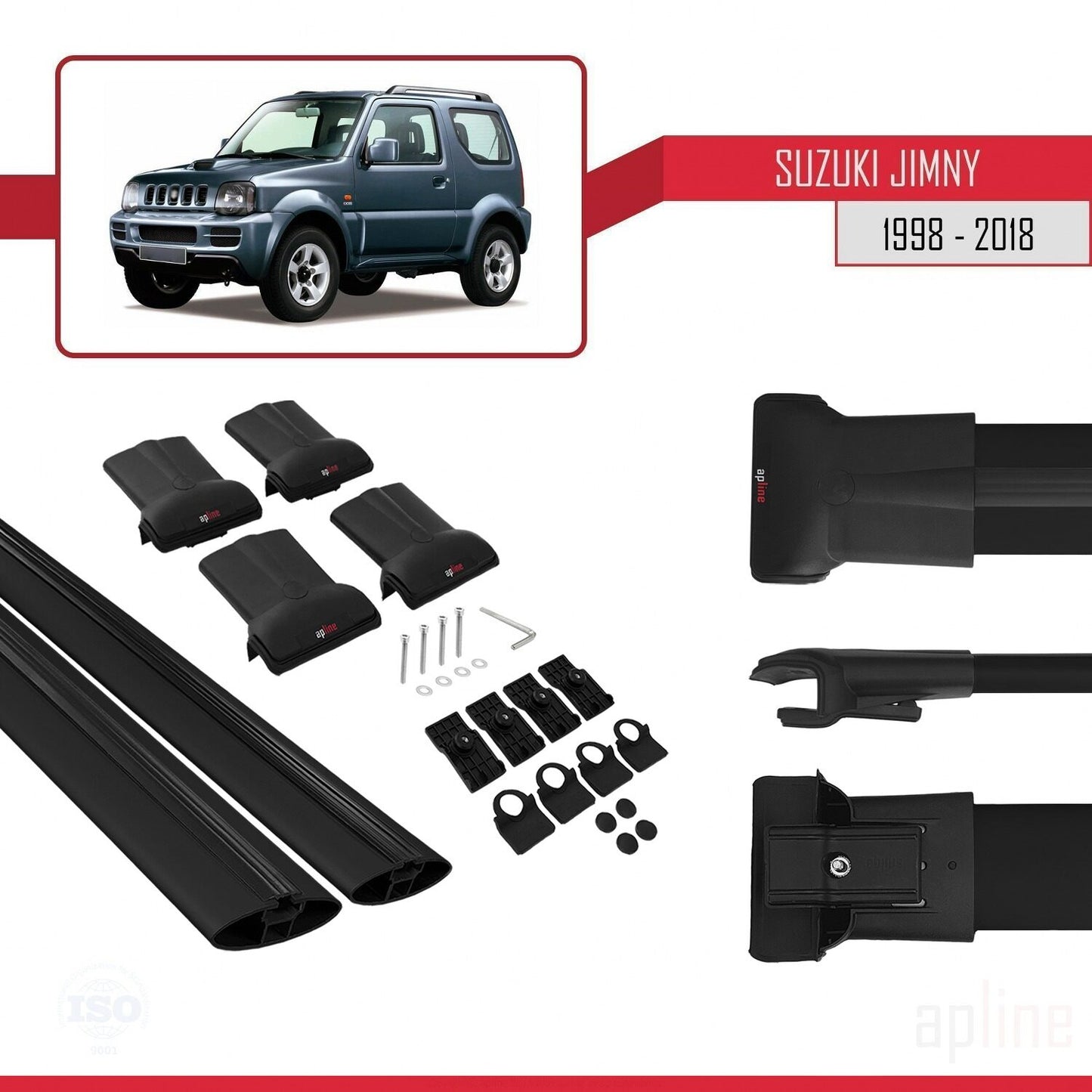 Compatible avec Suzuki Jimny 3 1998-2018 FLY Model Barres de Toit Railing Porte-Bagages de Voiture Noir Aluminium 2 Barres