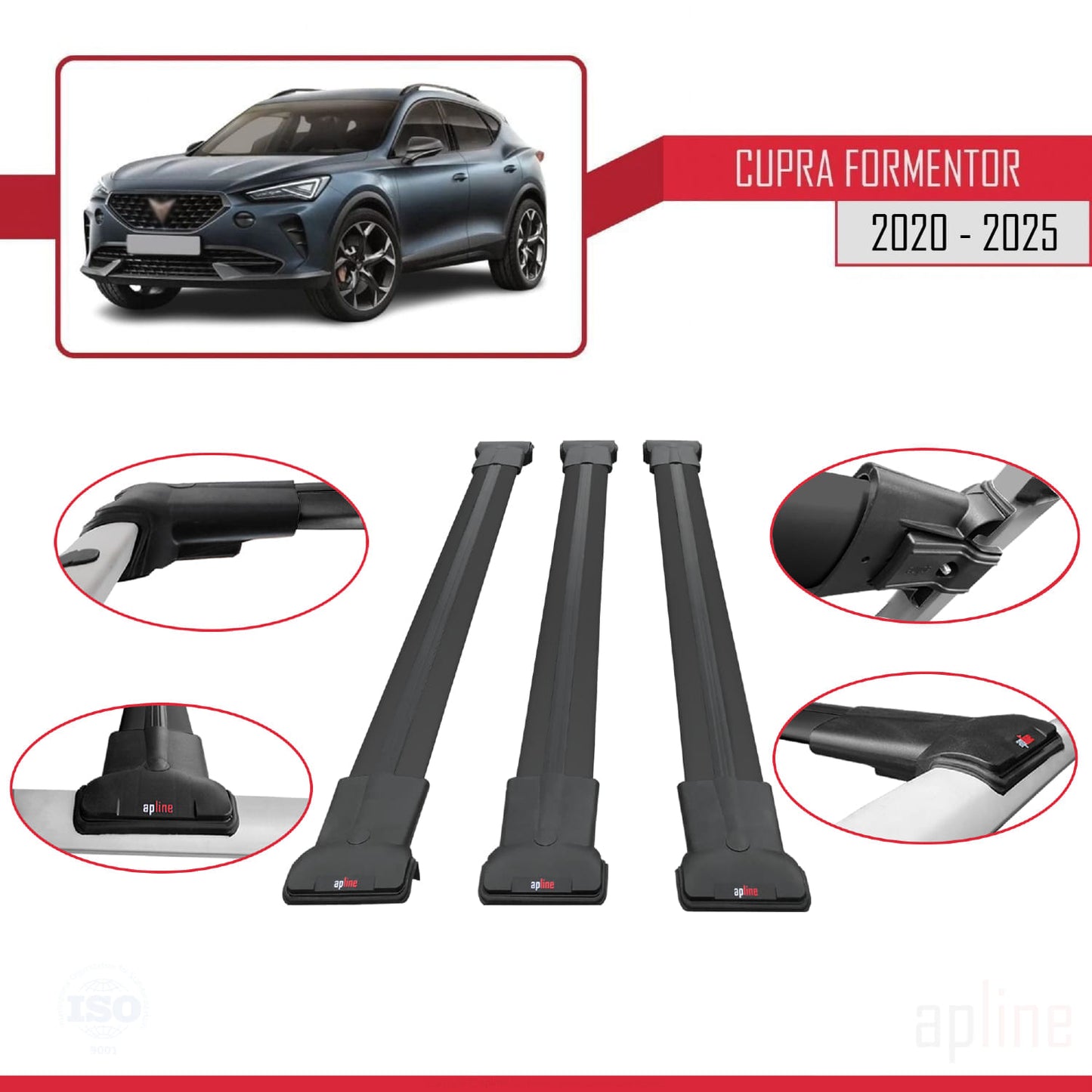 Compatible avec Cupra Formentor 2020-2025 FLY Model Barres de Toit Railing Porte-Bagages de Voiture Noir Aluminium 3 Barres