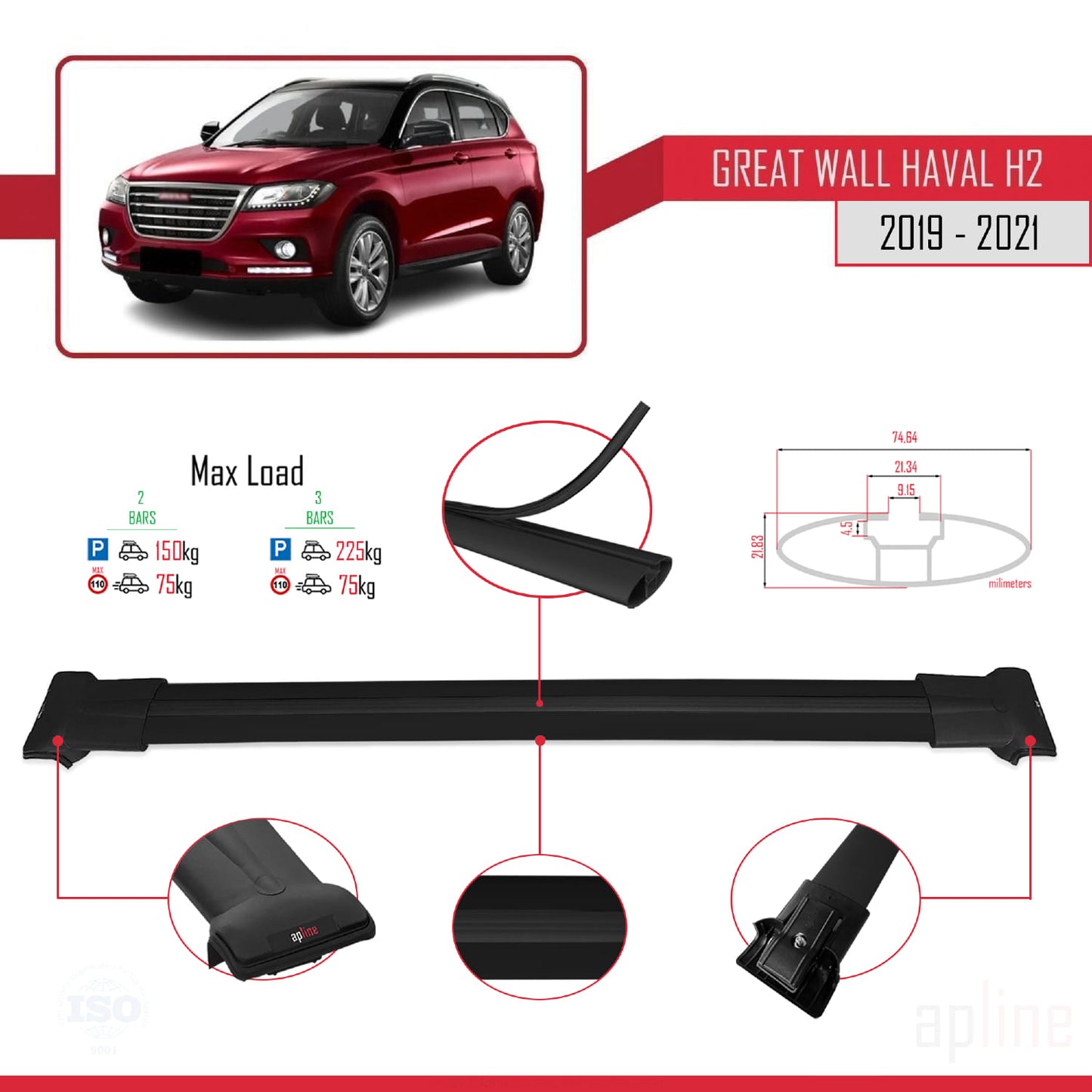 Compatible avec Great Wall Haval H2 2019-2021 FLY Model Barres de Toit Railing Porte-Bagages de Voiture Noir Aluminium 2 Barres