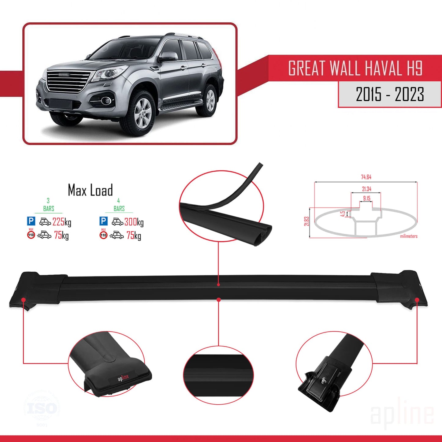 Compatible avec Great Wall Haval H9 2015-2023 FLY Model Barres de Toit Railing Porte-Bagages de Voiture Noir Aluminium 3 Barres