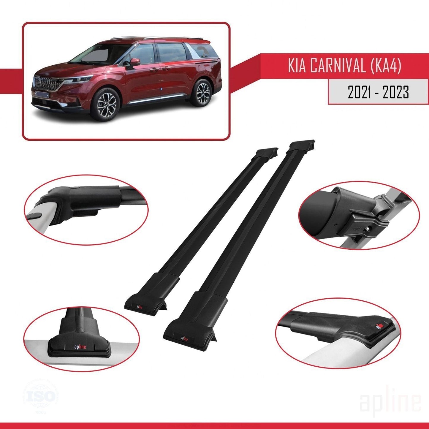 Compatible avec Kia Carnival 4 (KA4) 2021-2023 FLY Model Barres de Toit Railing Porte-Bagages de Voiture Noir Aluminium 2 Barres