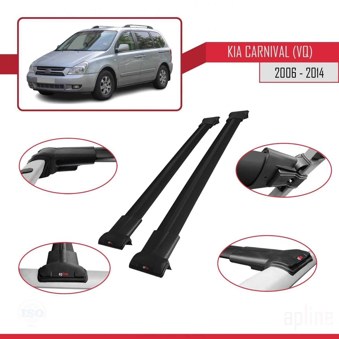 Compatible avec Kia Carnival 2 (VQ) 2006-2014 FLY Model Barres de Toit Railing Porte-Bagages de Voiture Noir Aluminium 2 Barres