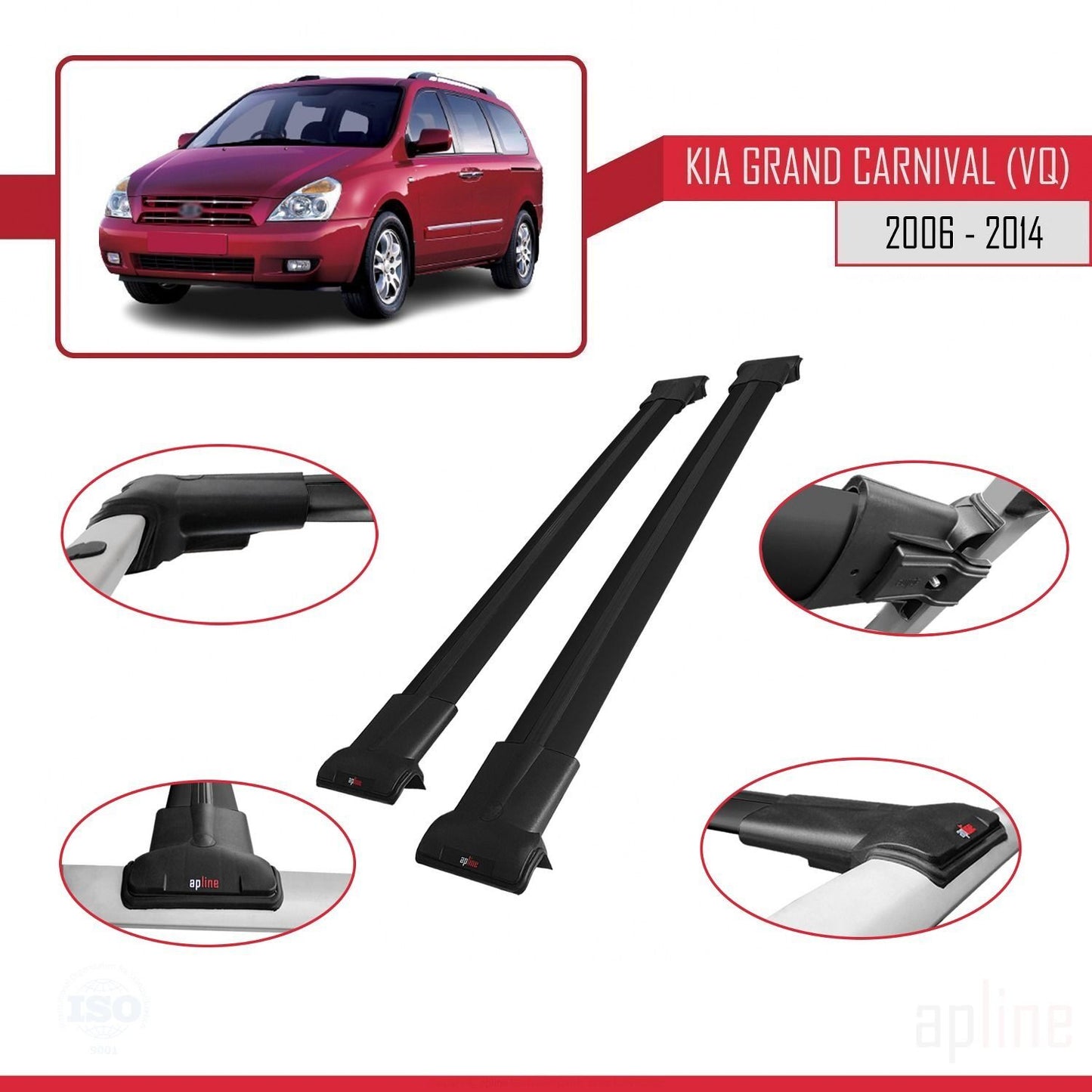 Compatible avec Kia Grand Carnival 2 (VQ) 2006-2014 FLY Model Barres de Toit Railing Porte-Bagages de Voiture Noir Aluminium 2 Barres