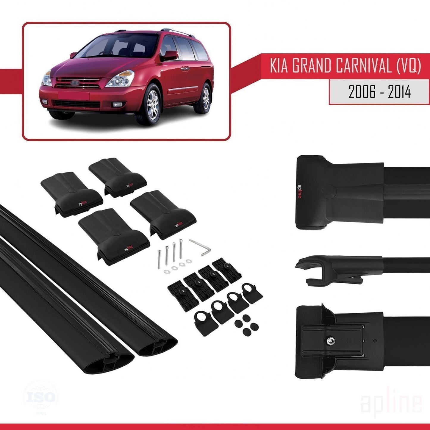 Compatible avec Kia Grand Carnival 2 (VQ) 2006-2014 FLY Model Barres de Toit Railing Porte-Bagages de Voiture Noir Aluminium 2 Barres