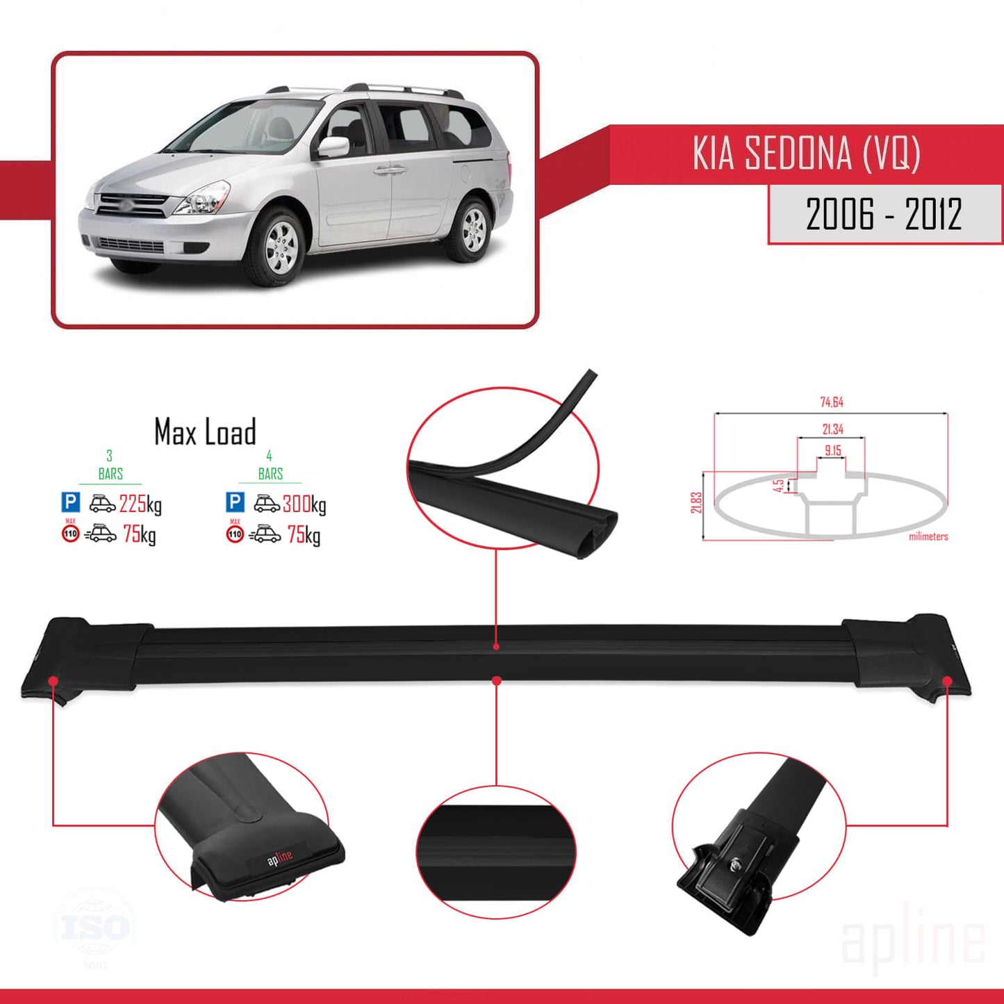 Compatible avec Kia Sedona 2 (VQ) 2006-2012 FLY Model Barres de Toit Railing Porte-Bagages de Voiture Noir Aluminium 3 Barres