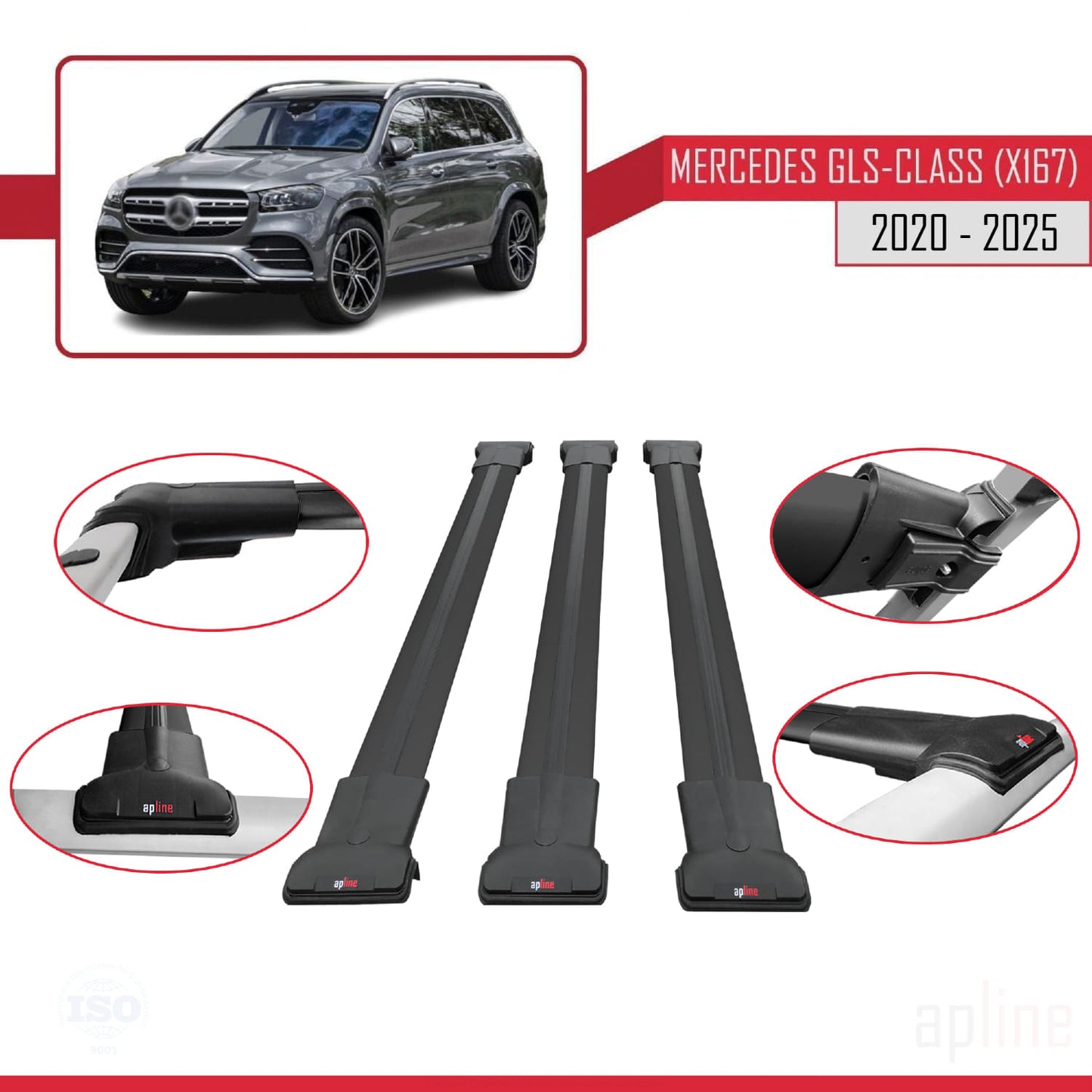 Compatible avec Mercedes Classe GLS (X167) 2020-2025 FLY Model Barres de Toit Railing Porte-Bagages de Voiture Noir Aluminium 3 Barres